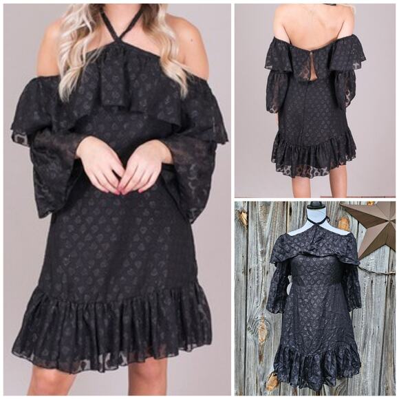 Black Shimmer Halter Dress Off Shoulder Flare Sleeve Ruffle Hayden LA Size S NWT - Picture 1 of 10